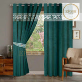 2 Pieces Luxury Velvet Curtain Panels with 2 belts-Green/White